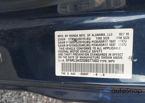 2016 Honda Odyssey Lx from USA, damaged, VIN 5FNRL5H22GB077403